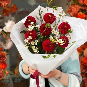 Букет "Марс" из георгин и хамелациума в Домодедово