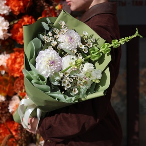 Букет "Ольга" из георгин, молюцеллы, эустом, хамелациума и орнитогалума в Домодедово