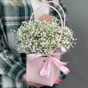 Композиция в сумочке из гипсофил в Домодедово