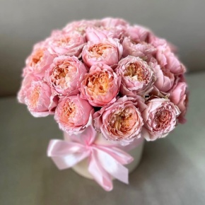 Композиция в шляпной коробке из кустовой пионовидной розы Джульетта в Домодедово