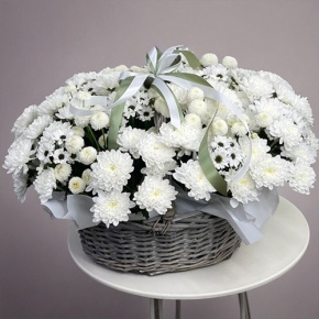 Композиция в корзине "Снежная лавина" из хризантем в Домодедово