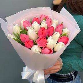 Букет из 25 кораллово-белых тюльпанов в Домодедово