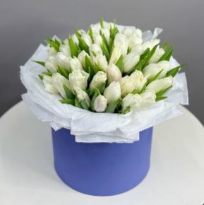 Букет из 49 белых тюльпанов в синей коробке в Домодедово